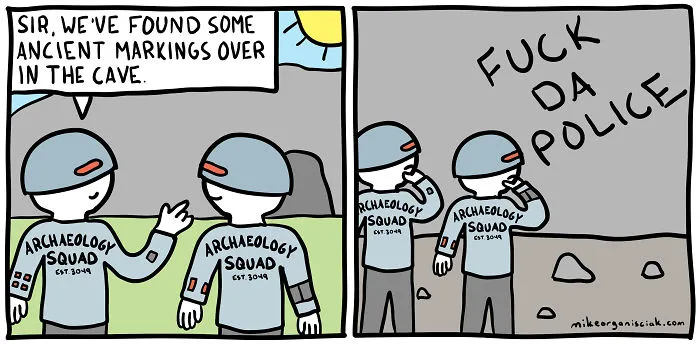 Comics with police finding the cave markings 