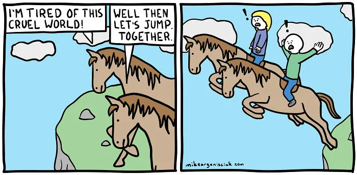 Comics about two horses jumping from the cliff  