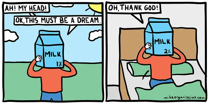 Comics with a man's head stuck in the carton milk box 