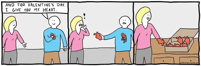 Comics with men giving his heart to a woman who is colecting them 