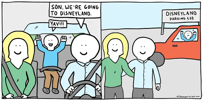 Comics with parents going to the Disneyland leaving their child in the car 