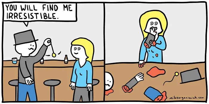 Comics with woman eating a hypnotist 