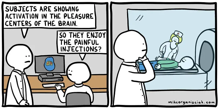 Comics about man getting an MRI and injection