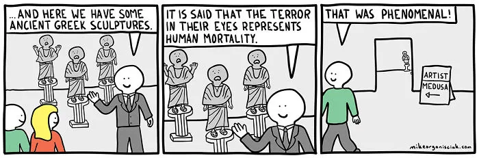 Comics with man showing people sculpture 