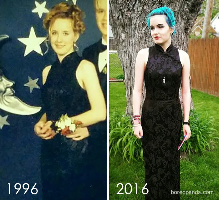 Yo en 1996 y mi hija Zoe en 2016 con el mismo vestido
