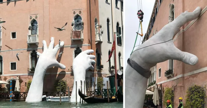 Support: Giant Hands Rise From A Canal In Venice To Send A Powerful Message About Climate Change