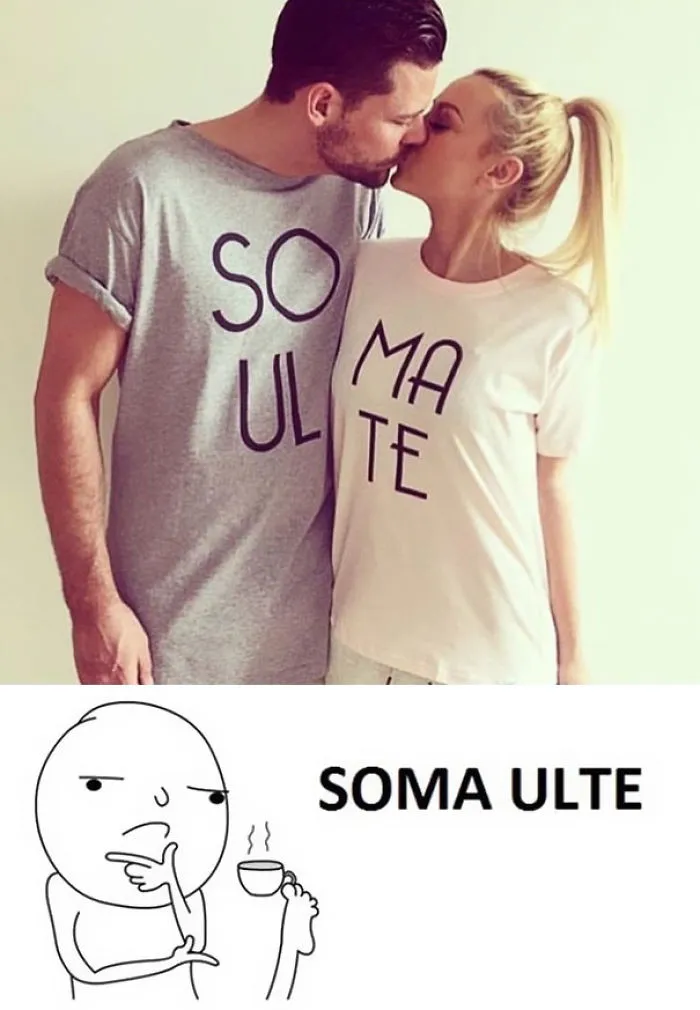 Couple kissing in mismatched T-shirts with a cartoon pondering the design fail.