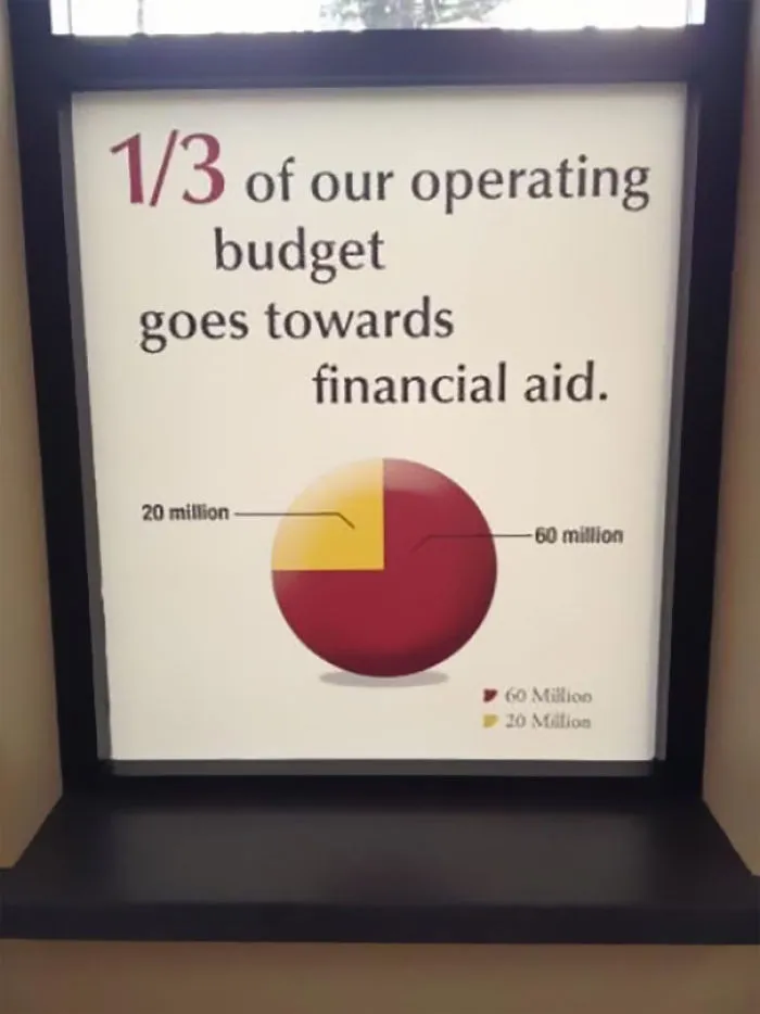 Pie chart showing a design fail: 1/3 of the budget labeled as 20 million instead of 60 million.