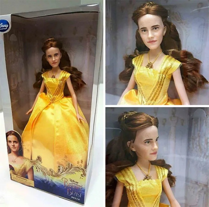 Belle doll from Beauty and the Beast with a humorous face design fail in a yellow dress.