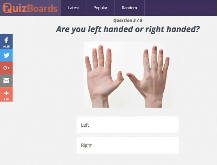 Quiz with a hand photo asking if you are left or right-handed, illustrating a funny design fail.
