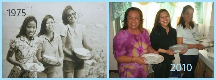 Family photo recreation from 1975 to 2010 with siblings holding plates