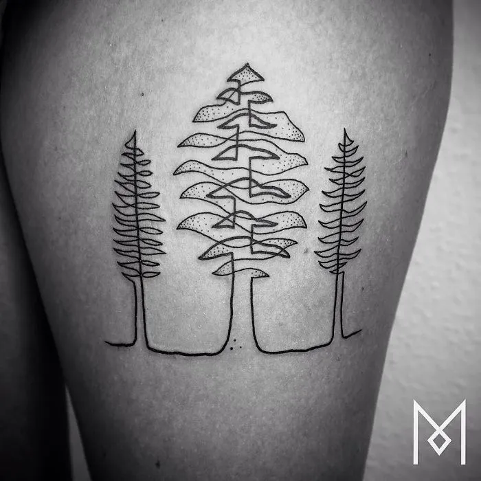 Single continuous line tattoo of abstract trees on skin, designed by Mo Ganji.