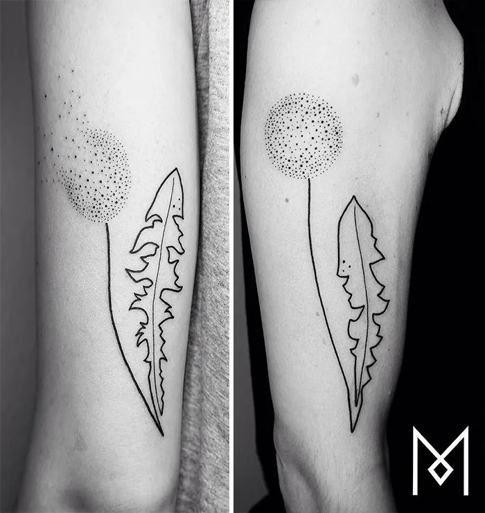 Continuous line tattoo of a dandelion on an arm by Mo Ganji.