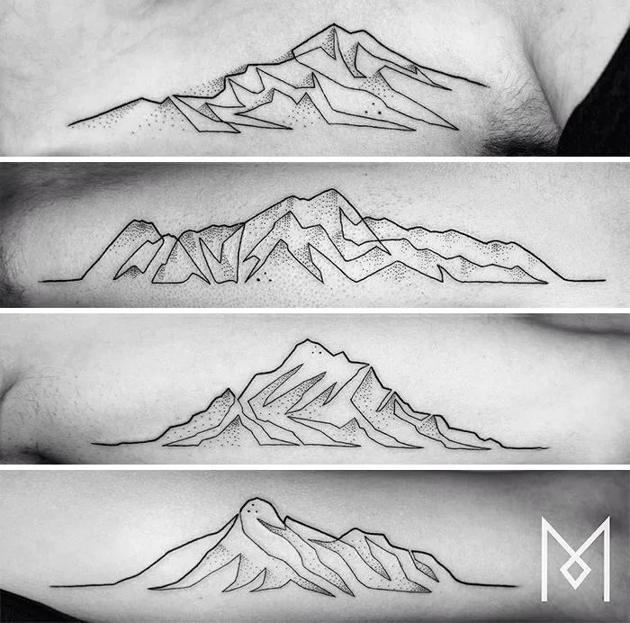 Single continuous line mountain tattoos by Mo Ganji, showcasing intricate minimalist designs on forearms.
