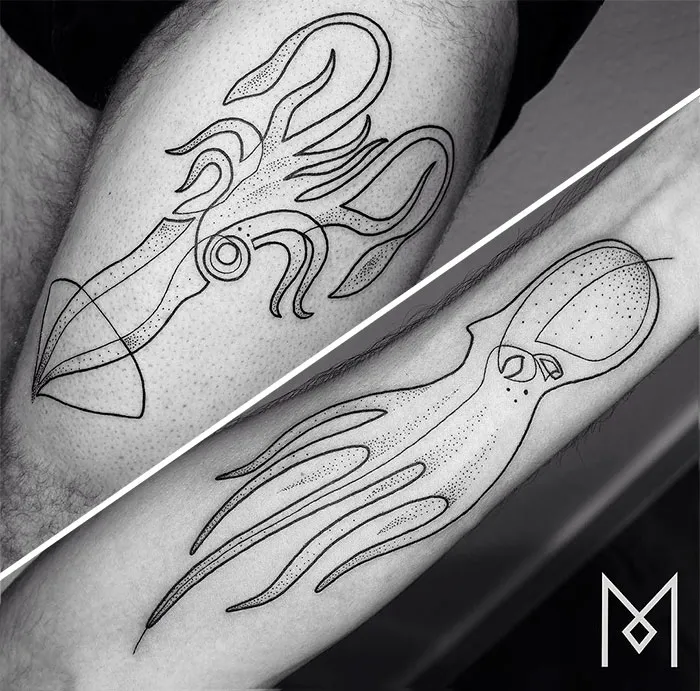 Tattoos of squid and octopus, created by Mo Ganji using a single continuous line, on arms.