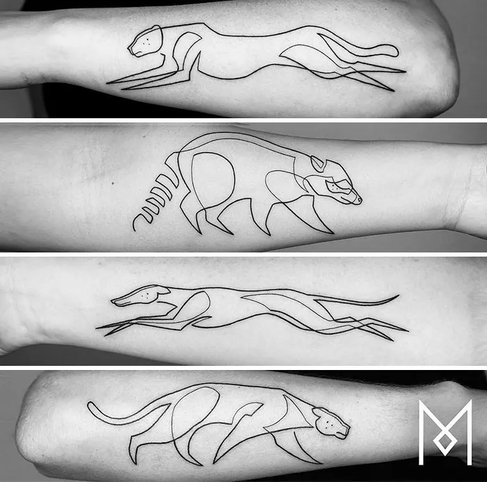 Single line animal tattoos by Mo Ganji on forearms, showcasing minimalist design.