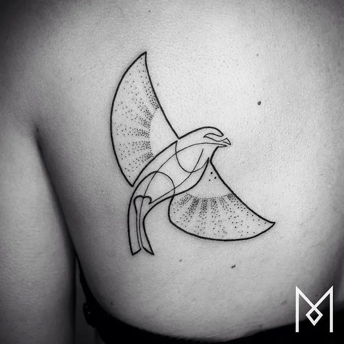 Single line tattoo of a bird by Mo Ganji, featuring intricate dot patterns and geometric shapes.