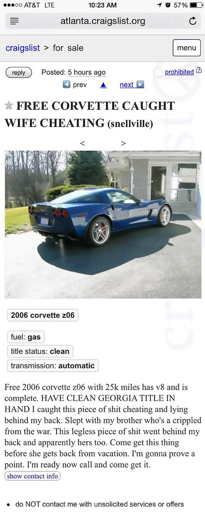 Caught Wife Cheating, Free Corvette!