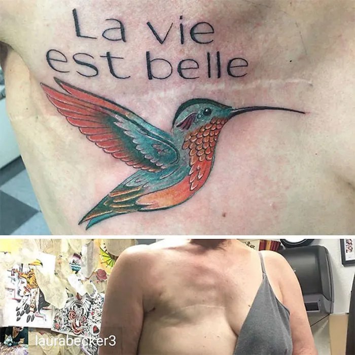 Tattoo of a colorful hummingbird with the phrase "La vie est belle" beautifully transforming a scar.