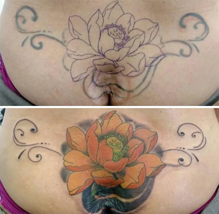 Floral tattoo transforming a scar into art on lower back, shown in progress and completion stages.