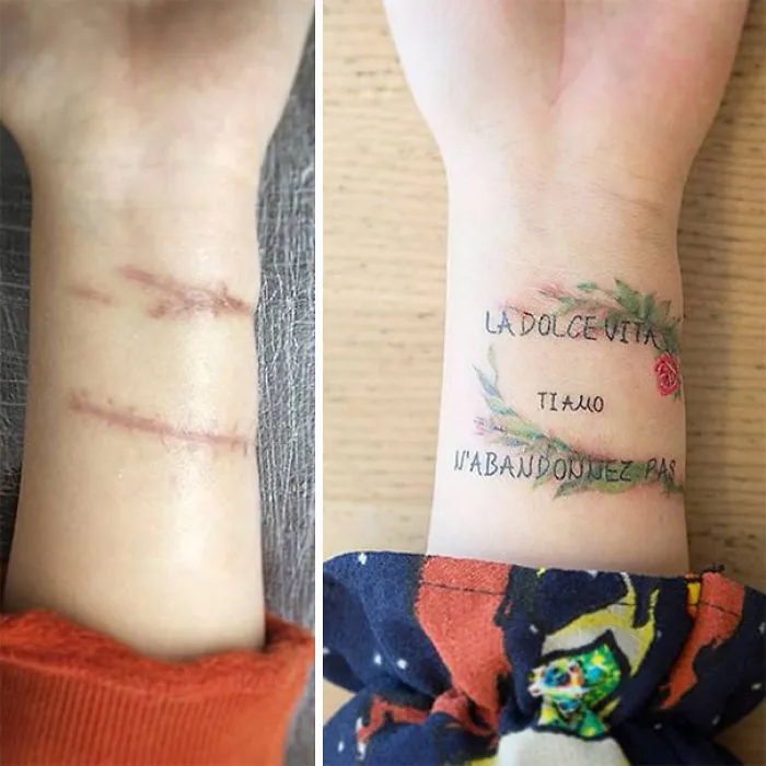 Scar transformation tattoos with text and floral design cover wrist scars.