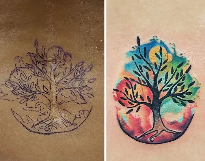 Tattoo transforms scar into art with a colorful tree design.