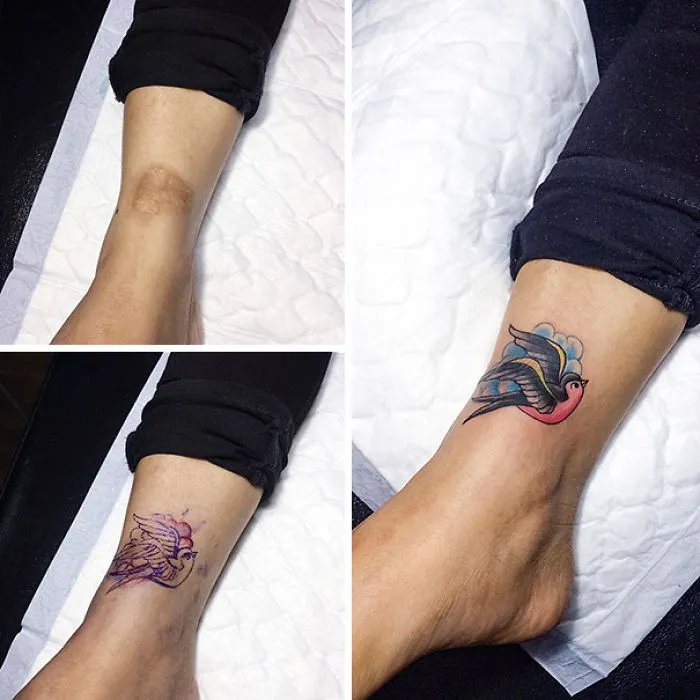 Tattoo turning a scar into art, featuring a colorful bird design on a person's ankle.
