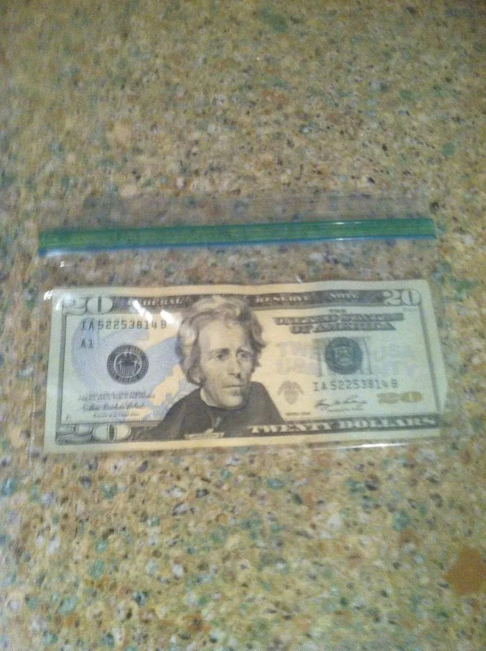 A $20 bill sealed in a plastic bag on a marble countertop; symbolizes married life humor.