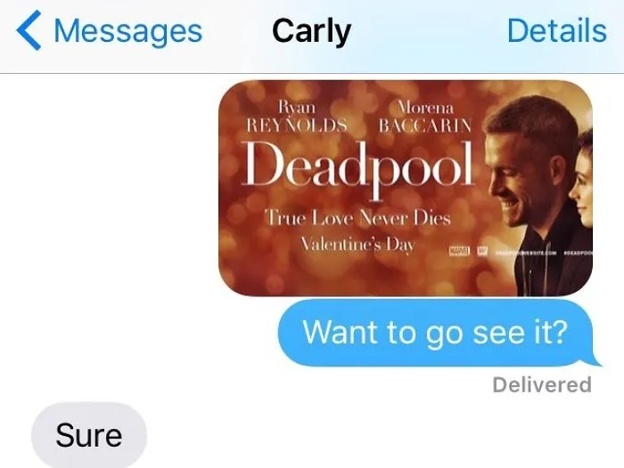 Text conversation showing a movie invite, humorously illustrating a funny reason why being married is the best.