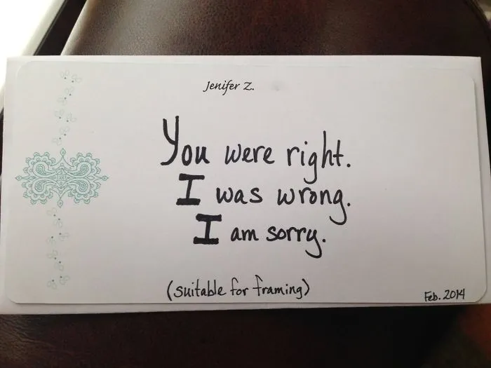 Handwritten note with an apology, humorously highlighting funny reasons being married is the best.