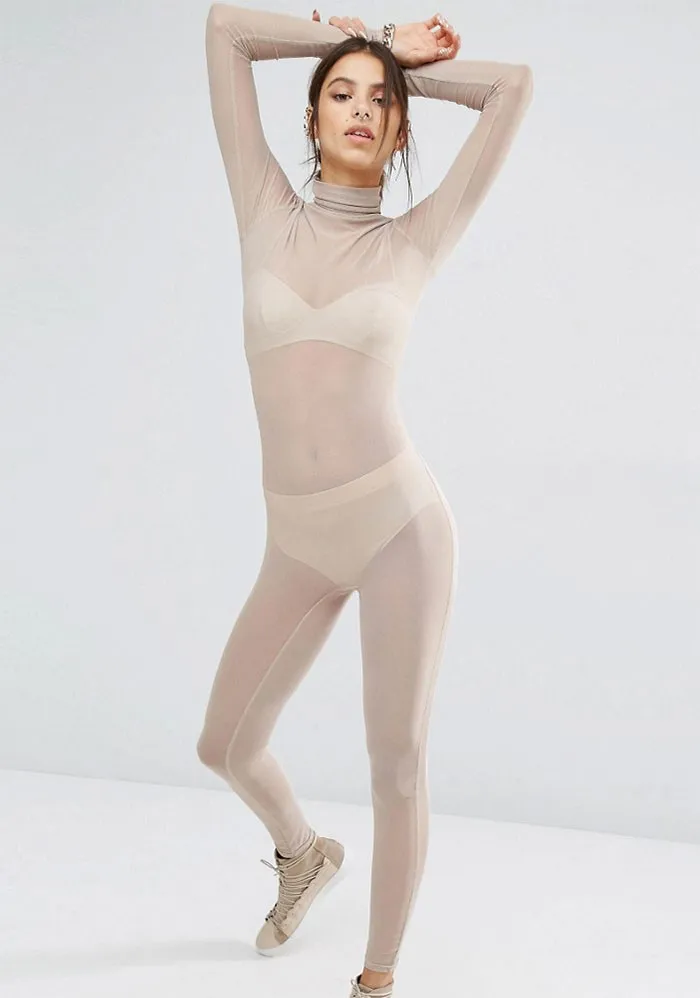 Bones High Neck Sheer Mesh Unitard Jumpsuit