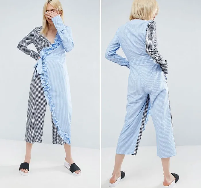 Wrap Jumpsuit In Cotton Stripe With Frill