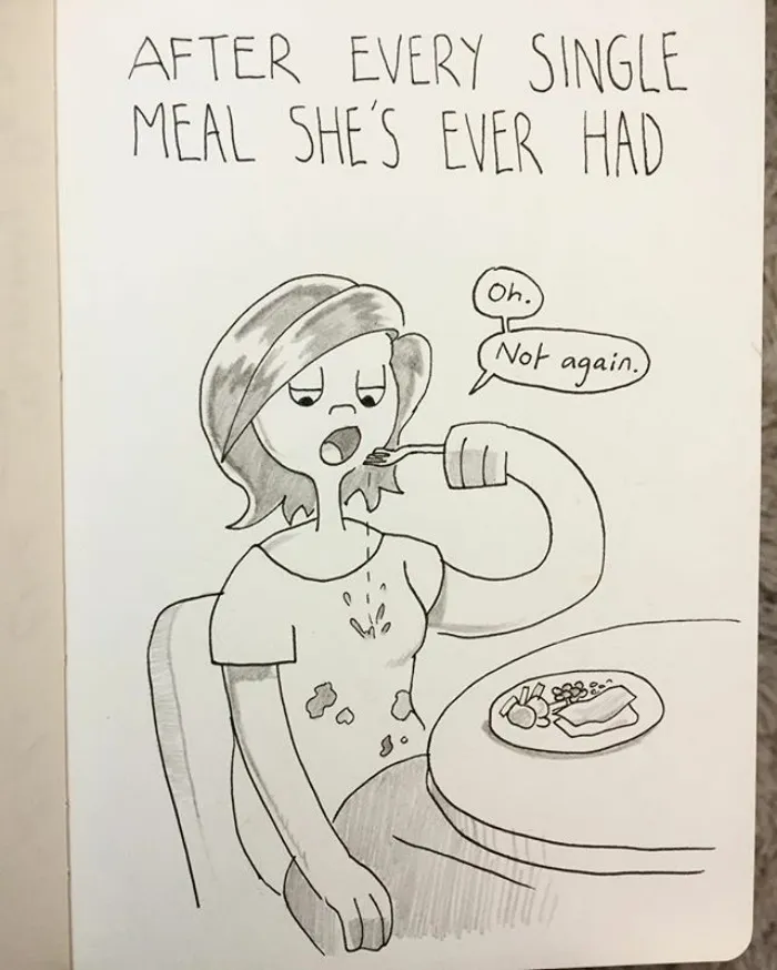 Kellie Drops Food On Herself Literally Every Mealtime, And Is Still Surprised Each Time It Happens