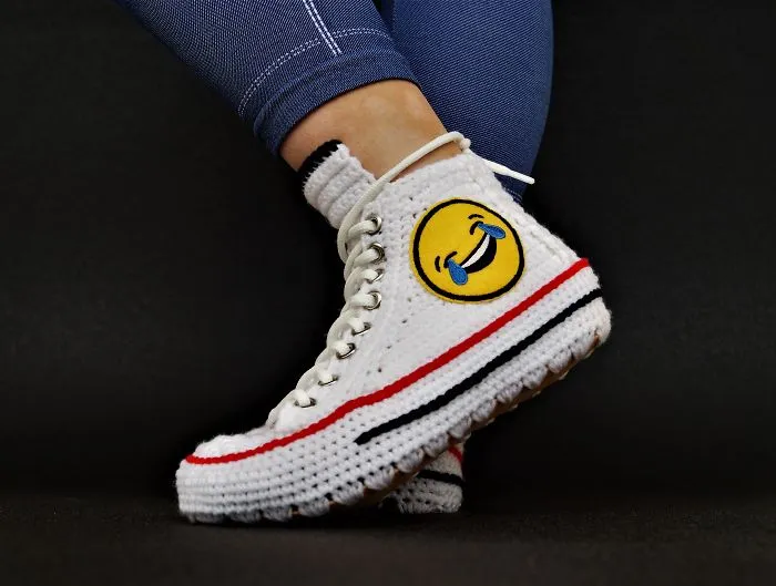Handmade Crochet Smiley Custom Converse Home Slipper, *i Planned To Make A Cute And Fun House Shoe.