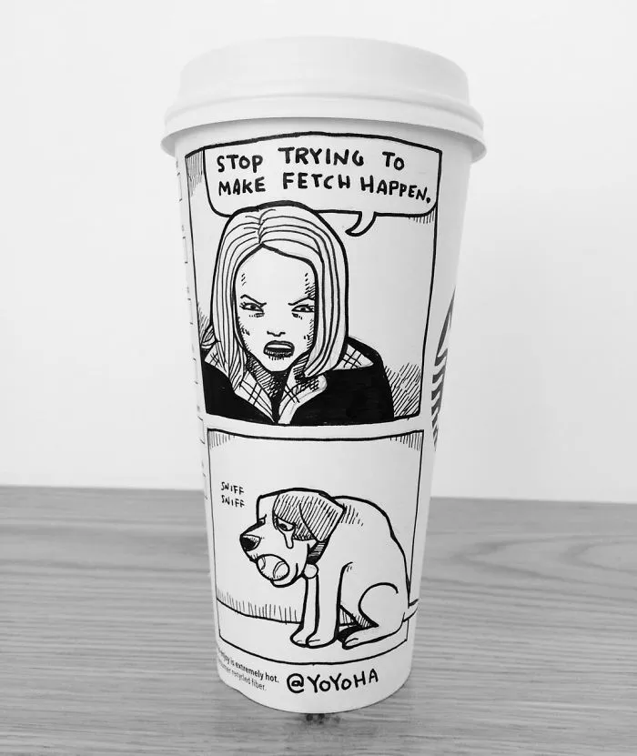 I Got Bored By Blank Coffee Cups, So I Started Drawing Comics On Them