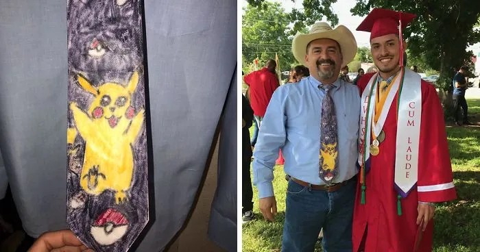 Son Makes Dad A Necktie In The First Grade, 11 Years Later Dad Wears It To His High School Graduation