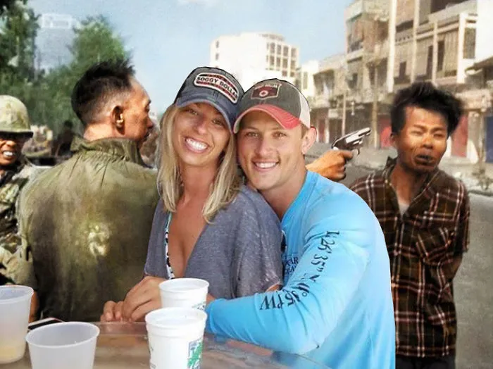Couple Asks Internet To Photoshop Out Shirtless Guy From Engagement Photo, Regrets It Immediately