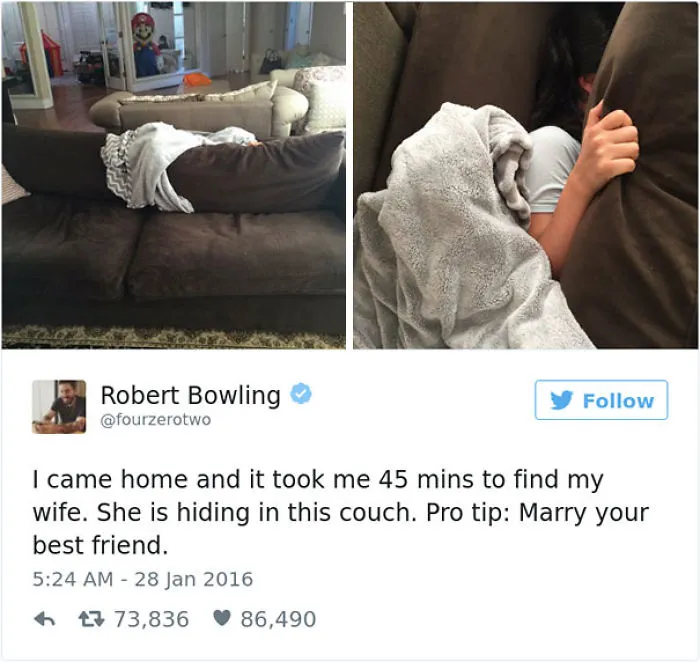 Wife hilariously hiding in couch cushions, showcasing a funny reason why being married is the best.