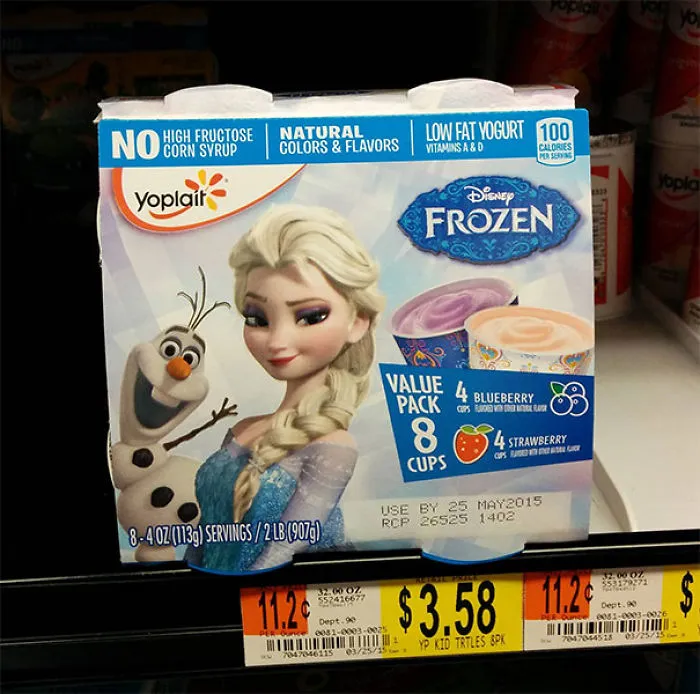 Yogurt pack featuring Frozen characters, humorous example of being married with kids.