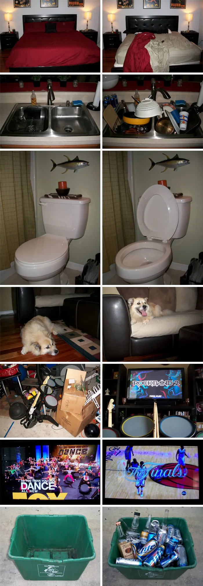 "Humorous marriage scenes: unmade bed, messy dishes, open toilet, happy dog, game clutter, TV screens, full recycling bin."