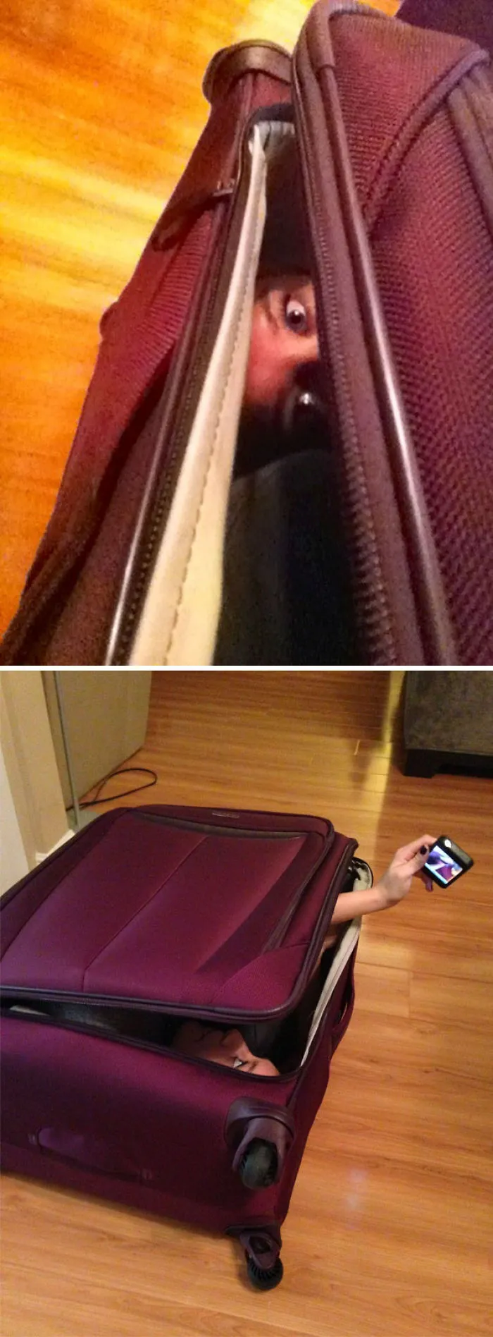 Person humorously hiding in a suitcase, capturing a selfie, showcasing funny aspects of marriage.