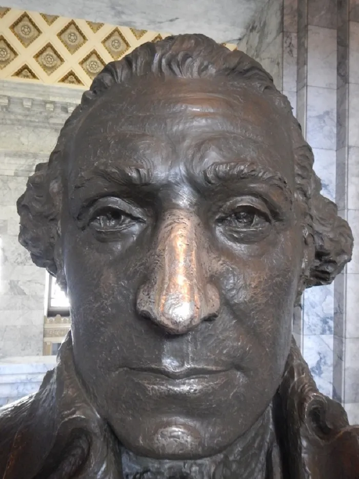 G. Washington Bust, Washington State Capitol Bldg., Years Of School Children Rubbing His Nose.  No More Touching-roped Off.