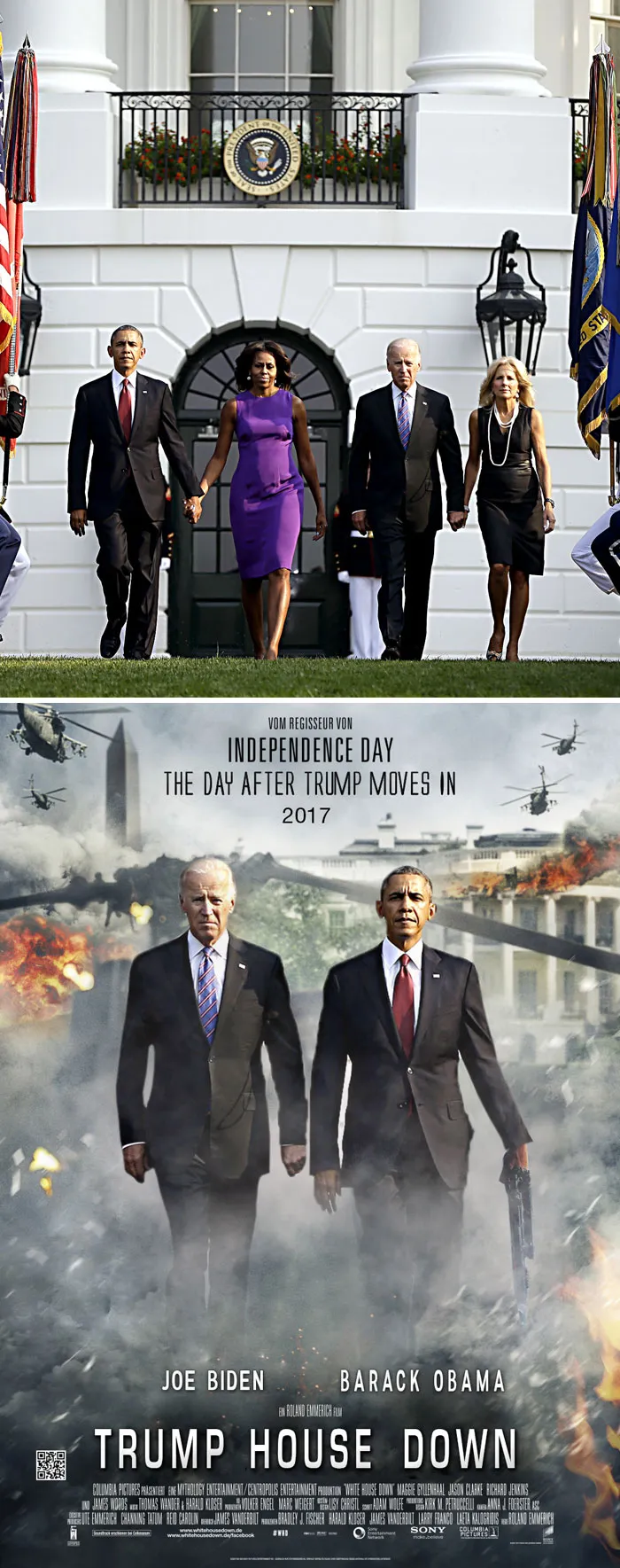 Photoshop battle image with former leaders in an action movie-style poster, creatively reimagined.