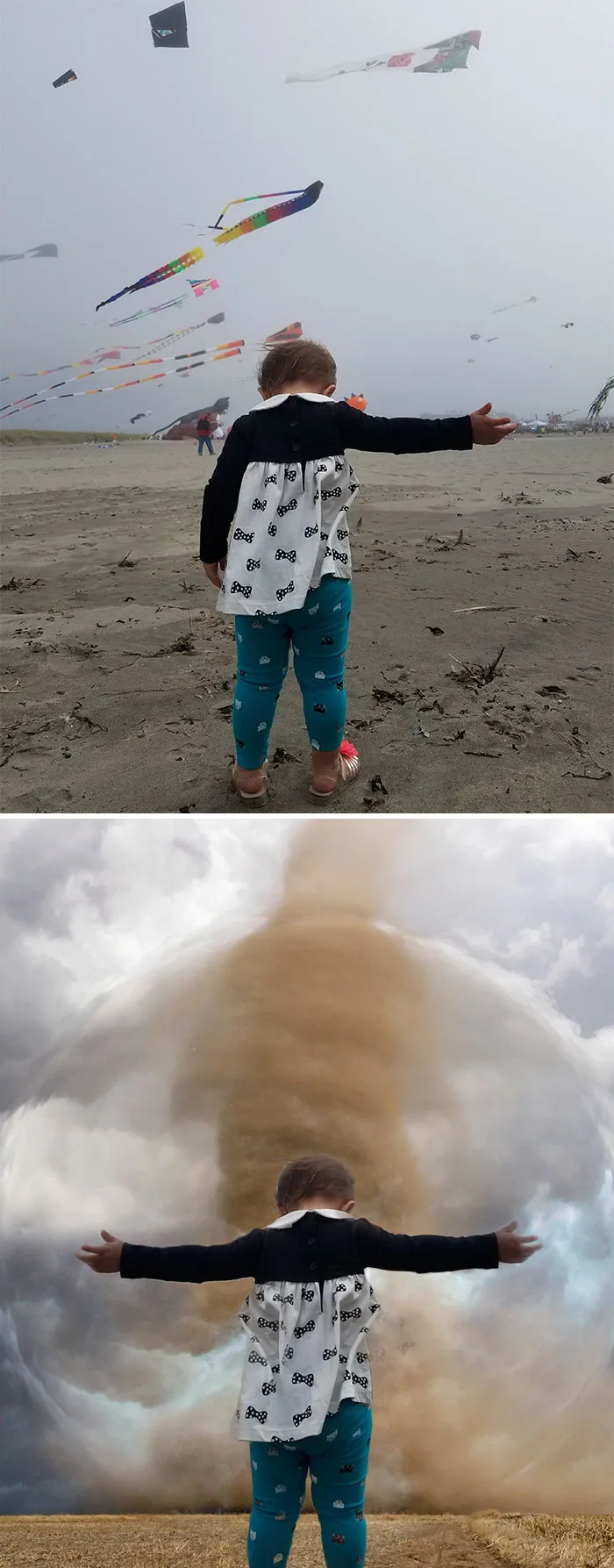 Child in front of kite festival transformed into a dramatic tornado scene, showcasing Photoshop creativity.