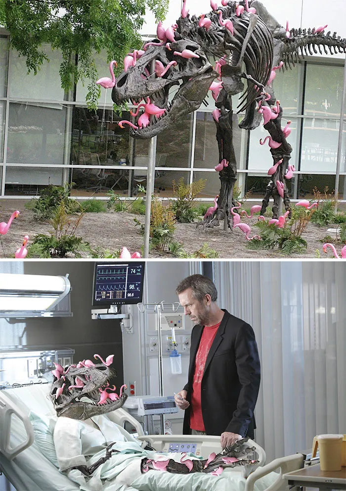 Dinosaur skeleton adorned with pink flamingos, featured in a creative Photoshop battle scene with a man in a hospital room.