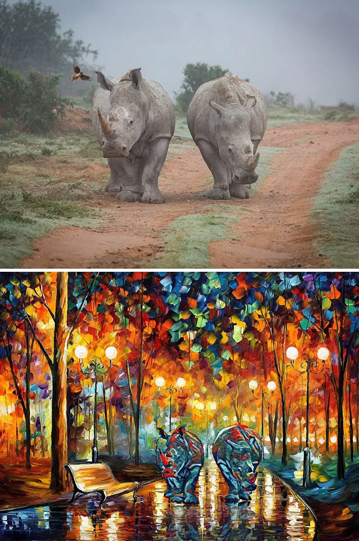 Two rhinos on a dirt path and a colorful, abstract street art scene featuring rhinos, showcasing photoshop battles winners.
