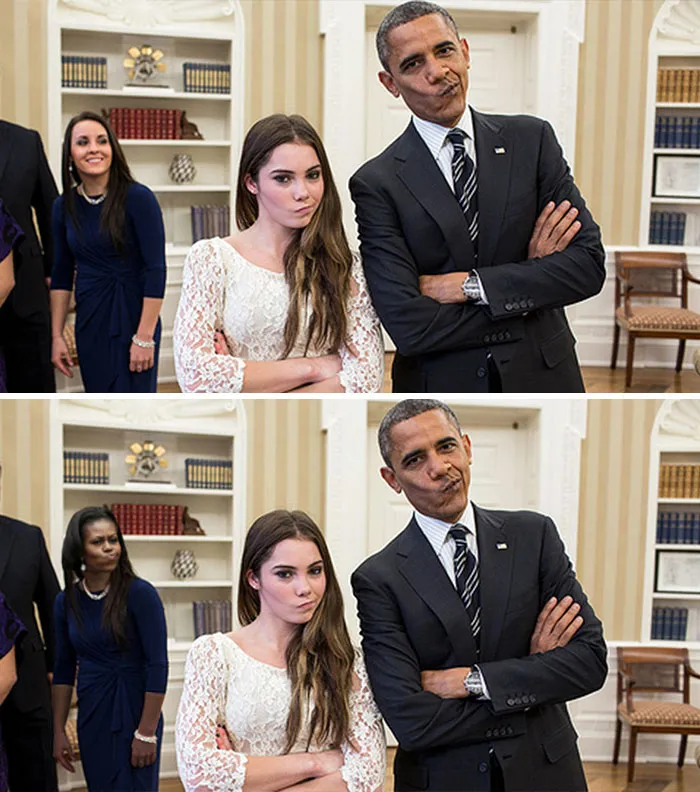 Two images showing a memorable Photoshop battle with people posing confidently.