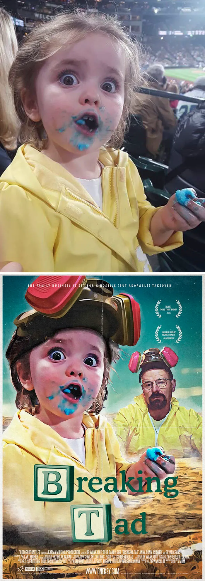 Child with blue candy in a yellow jacket Photoshop battle, edited into a parody movie poster titled "Breaking Tad".