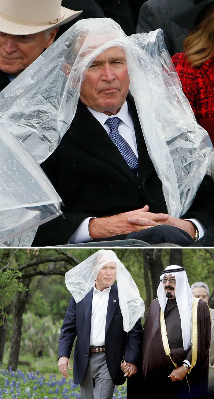 Man with plastic over head in creative Photoshop battle image, hand in hand with a Middle Eastern figure in outdoor setting.