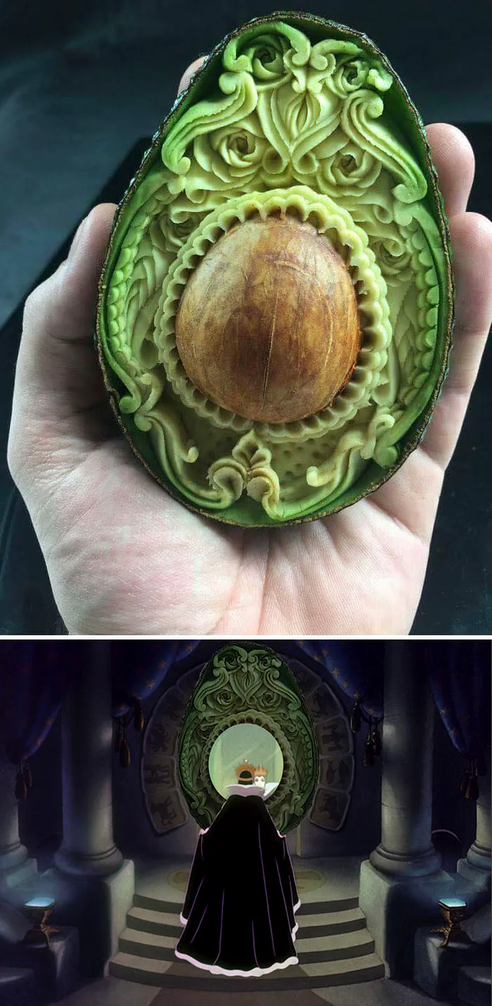 Avocado carved intricately, reflecting creativity in a Photoshop battle, replacing a mirror in a fantasy scene.